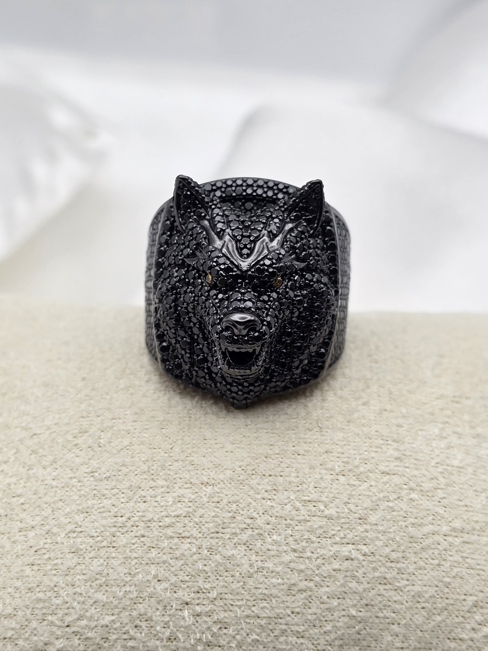 Neve Jewelry Sterling Silver 925 Moissanite Pave Black Wolf Head Luxury Ring - Picture 3 of 9